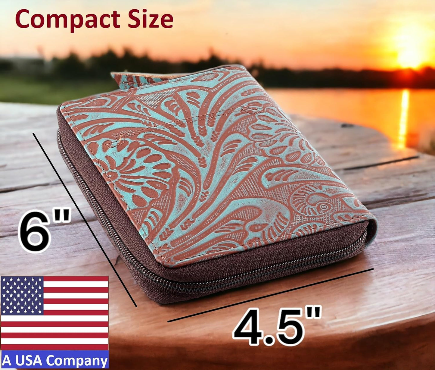 Passport Wallet - Travel Document Holder w/RFID Blocking – Full Grain Leather – Bifold compact zip around Wallet with Credit Card Slots for Women and Men,Turquoise floral,500-50