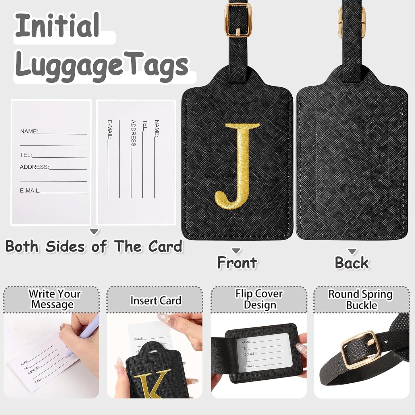 Personalized Initial Luggage Tags for Suitcases, Cute PU Leather Embroidered Letter Travel Luggage