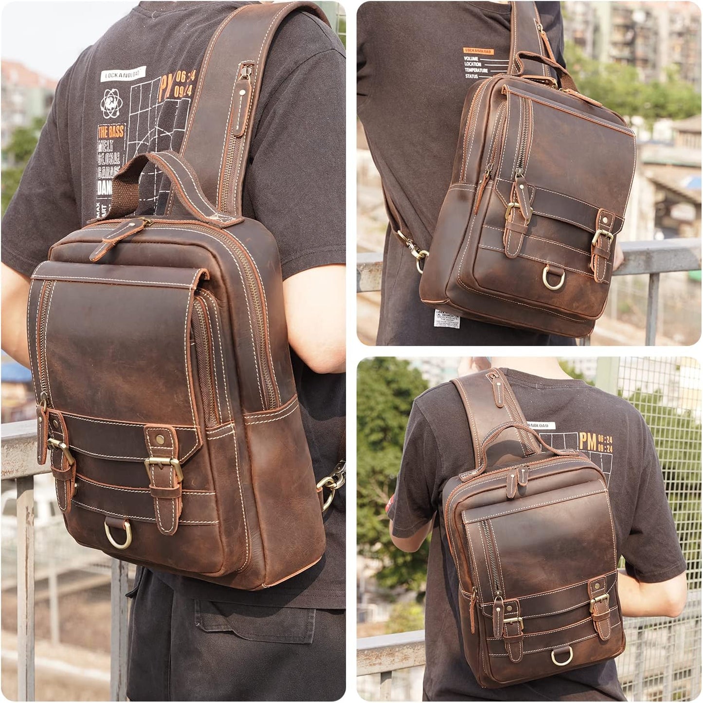 Polare Full Grain Leather Shoulder Backpack Travel Rucksack Sling Bag Messenger Crossbody Bag Daypack