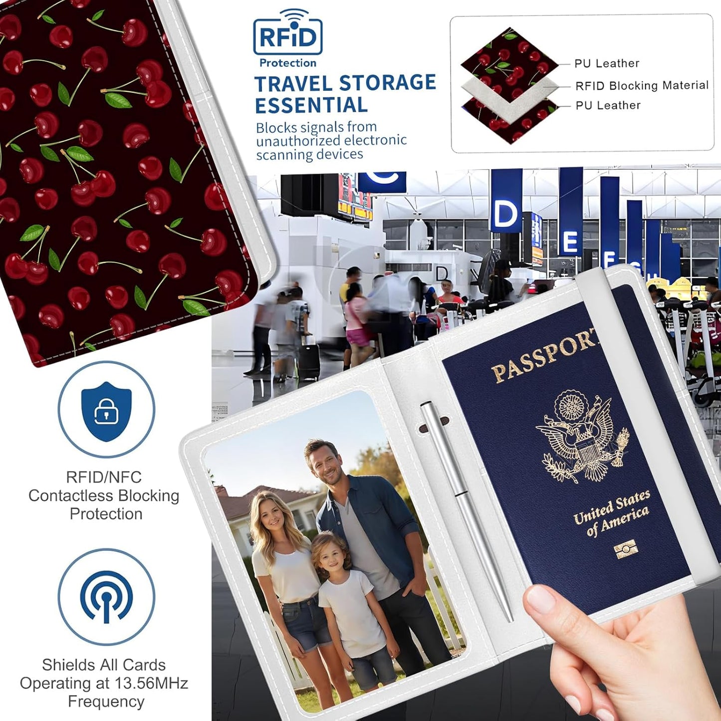 Passport Holder for Travel Essentials, Leather RFID Blocking Passport Wallet Cover Case, Cute Passport Book Holders for Women and Men Cute Cherry