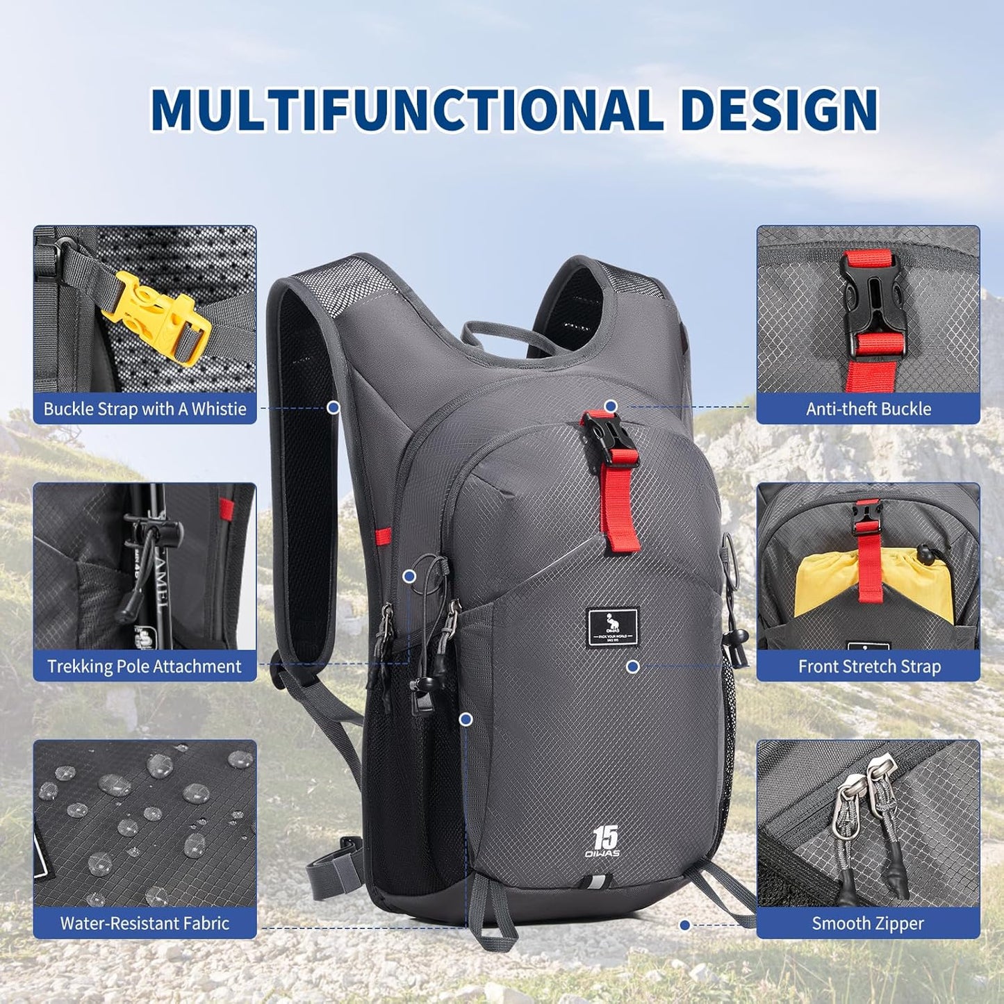 OIWAS Small Hiking Backpack - 15L Hiking Backpacks Water Resistant Camping Backpack Lightweight Hiking Daypack with Hydration Bladder Outlet