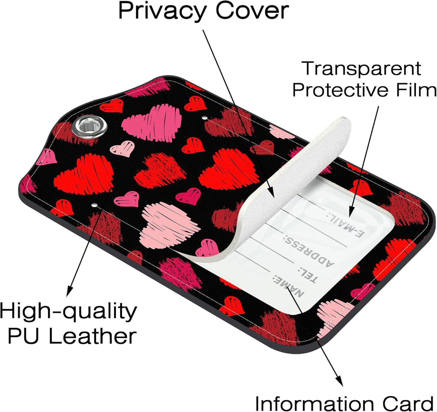 2 Pack Luggage Tags,Red Hearts PU Leather Idea Baggage Tag with ID Labels Privacy Cover Metal Ring Men and Women Travel Bag Labels