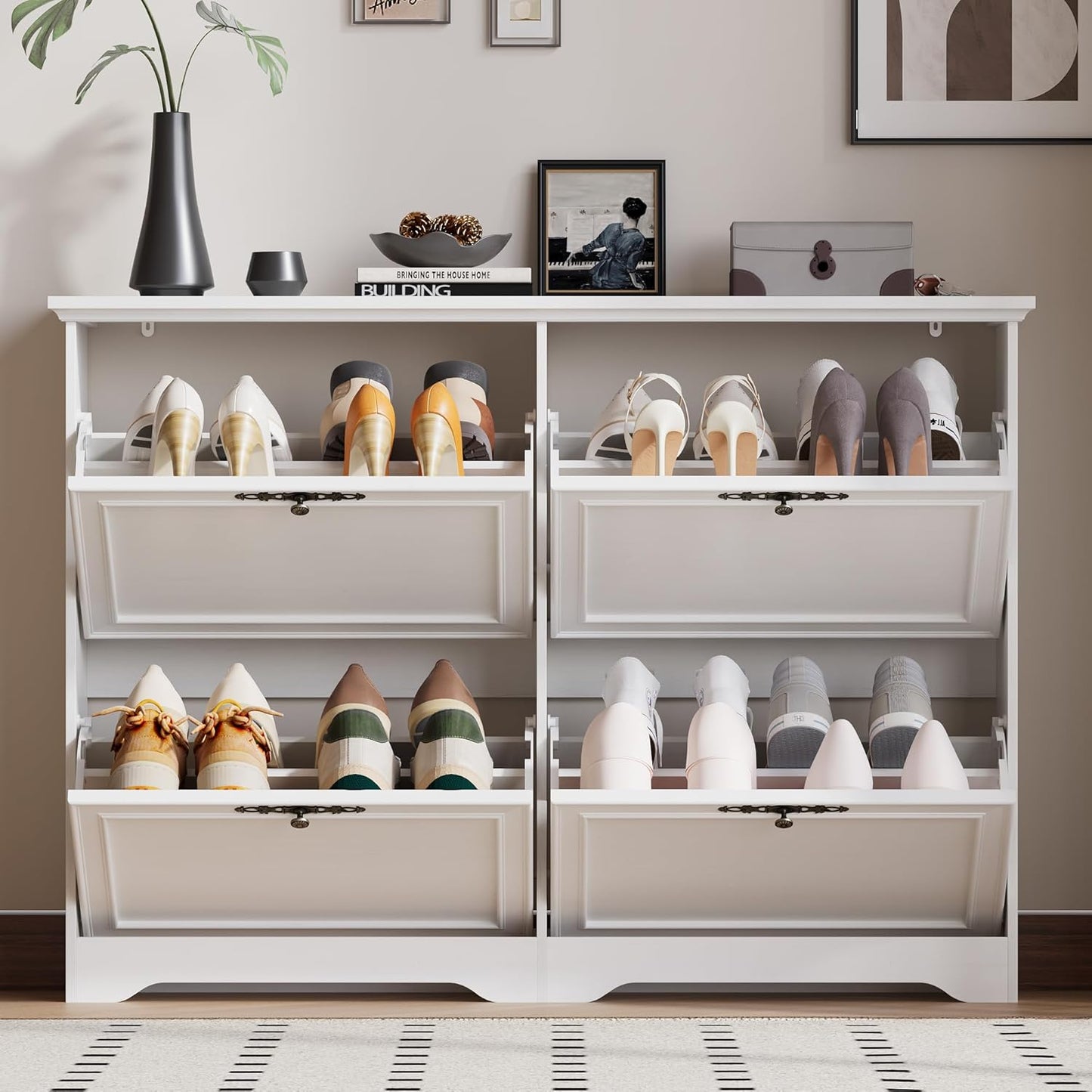Large Shoe Cabinet for Entryway, 4 Flip Drawer Organizer with Adjustable Shelves, Wooden Slim Shoe Storage Cabinet and Rack for Closet, Hallway, Foyer