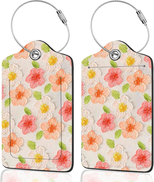 2Pack Luggage Tags for Suitcases, Cute Unique Pu Leather Cruise Luggage Tag with Privacy Cover ID Label Address Card and Metal Ring Suitable for Women Men Kids Travel Bag Pink Flower 1