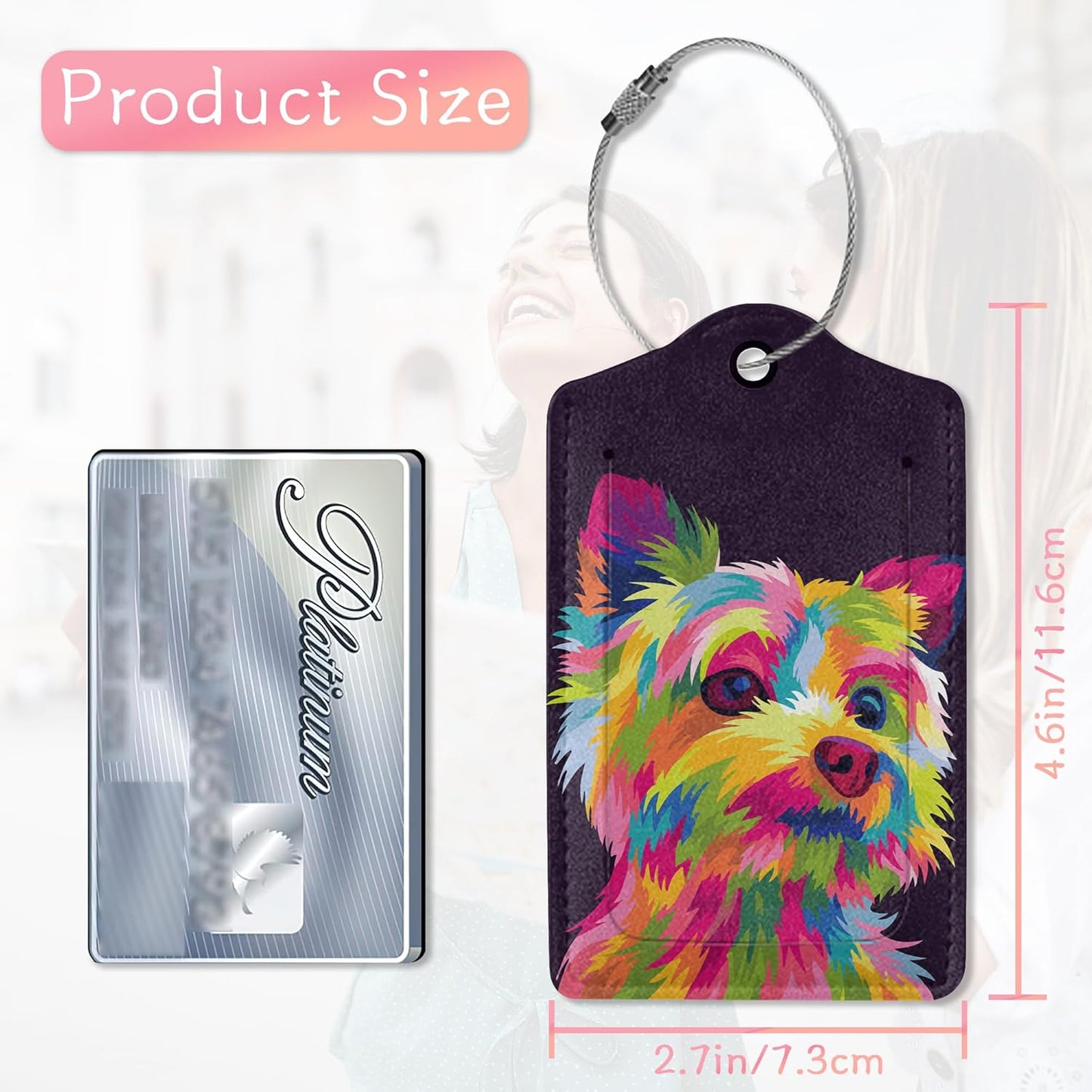 Set of 2 Luggage Tags for Suitcases, Colorful Dog Luggage Tag Leather Cruise Suitcases with Stainless Steel Loop Privacy Cover ID Label Travel Bag Tags Luggage Identifiers for Women Men Travel