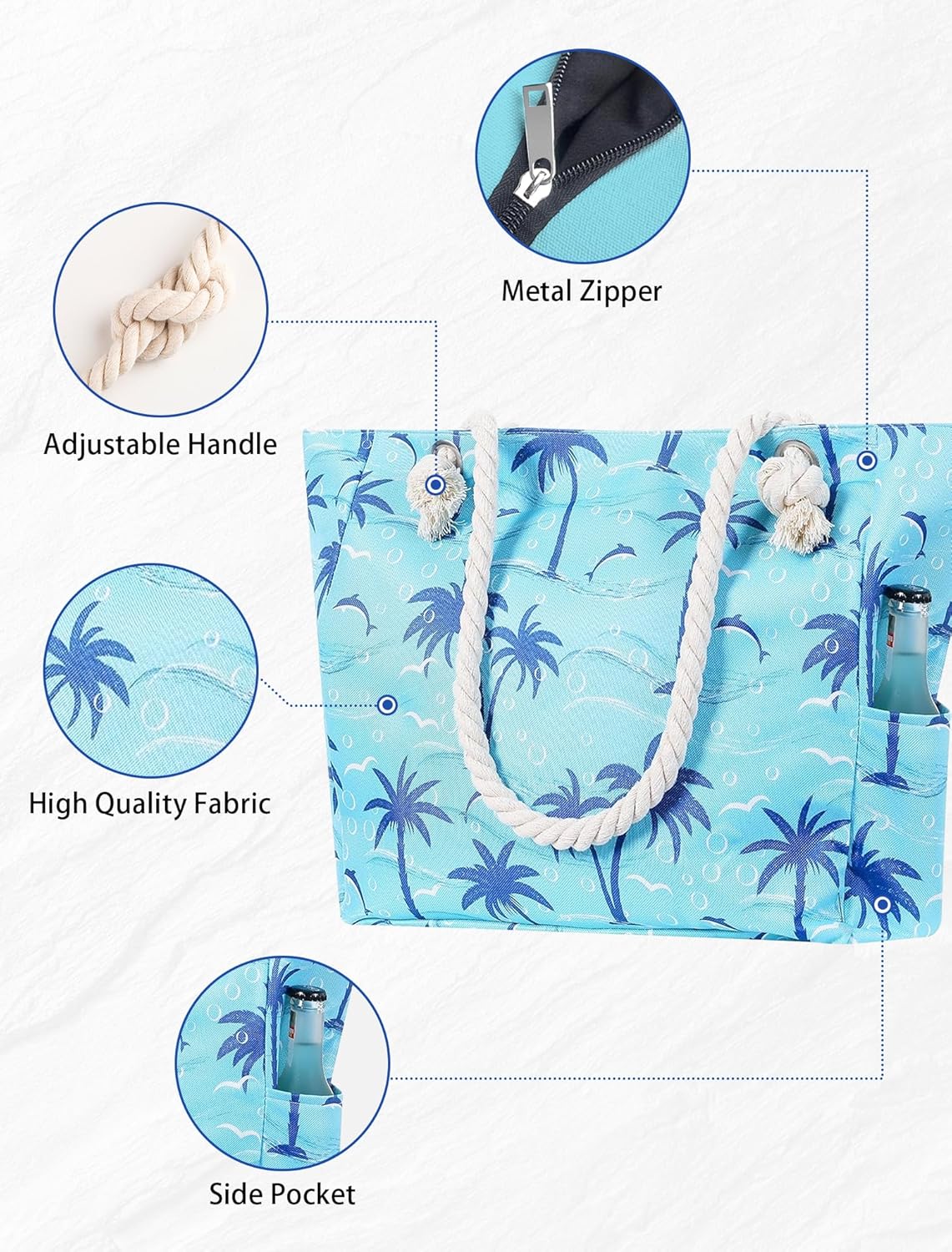 TESALATE Large Canvas Beach Tote Bag with Zipper Waterproof for Women Swim Travel Swim Pool Shopping Cruise Essentials Gifts