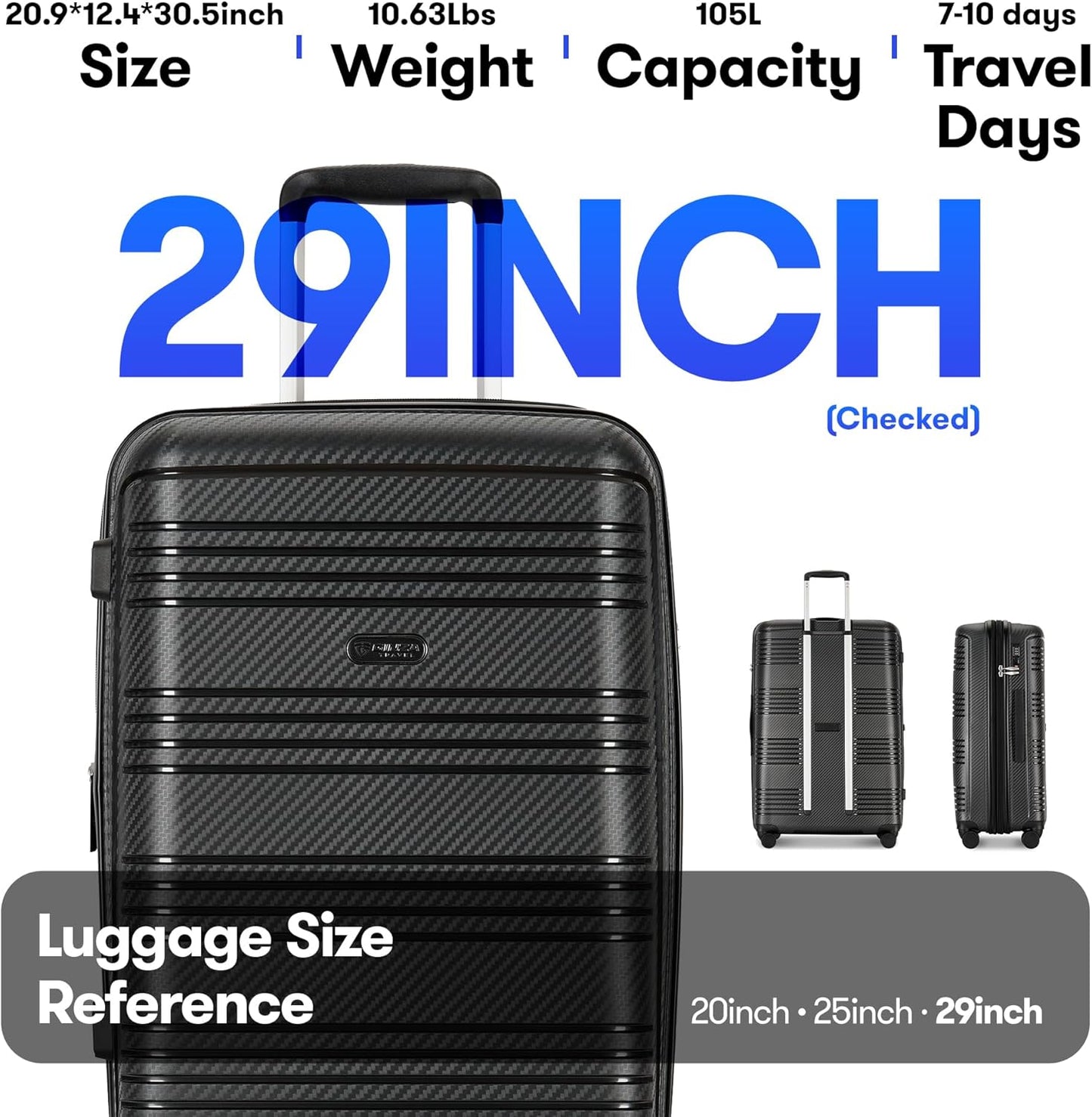 GinzaTravel 29 Inch Large Checked Luggage Expandable Hard Shell Suitcase with Spinner Wheels TSA Lock for Travel, 29inch, Black