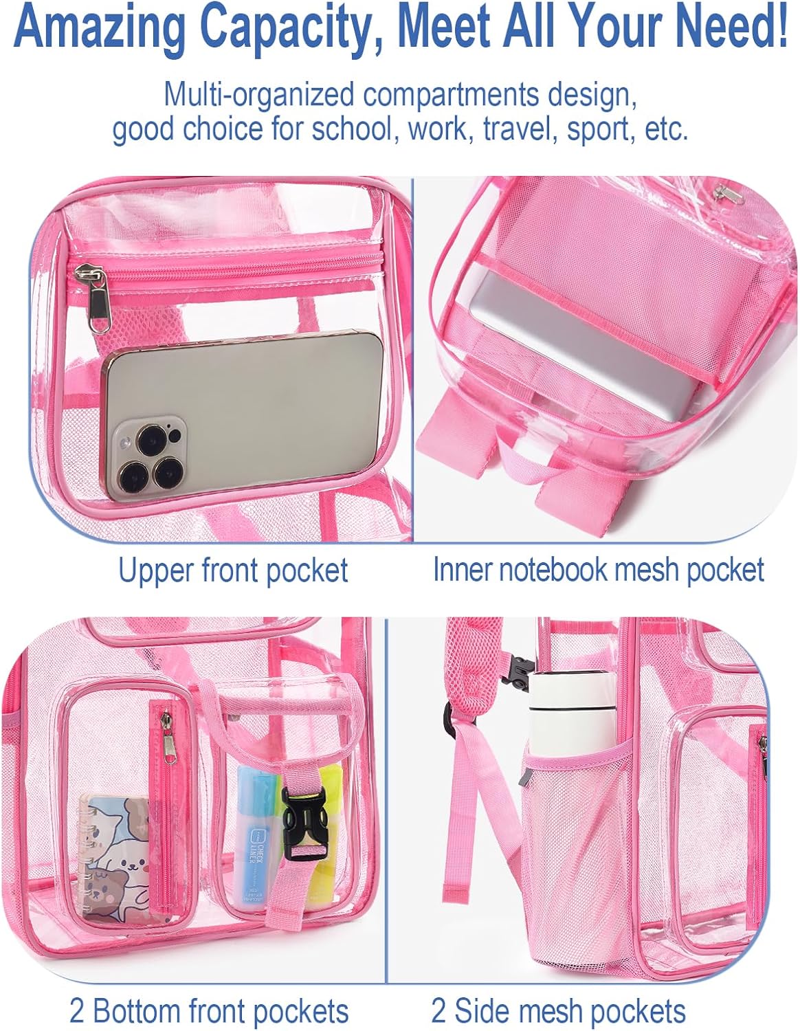 Heavy Duty Clear Backpack For School, 17 Inch Clear Bookbag For Kids Boys Girls Women Men, Large See Through Backpack With An Extra Pouch Accessories, Multi-Pockets Tranparent Bag, College, Pink