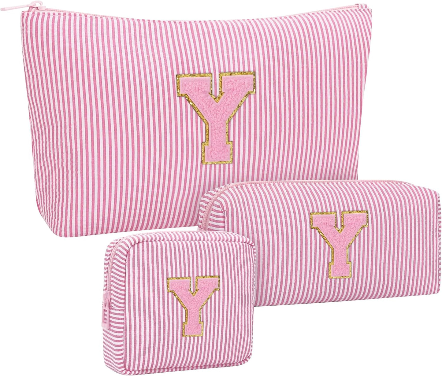 MONSTINA Personalized Initial Makeup Bag for Women,Make Up Case for Girlfriend Bridesmaid Wife,Birthday Gift for Her Cute Toiletry Bag,Period Bag Sanitary Napkin Storage Bag|Tampon Pouch,3PCS,Pink Y