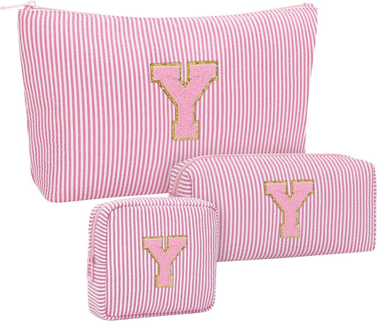 MONSTINA Personalized Initial Makeup Bag for Women,Make Up Case for Girlfriend Bridesmaid Wife,Birthday Gift for Her Cute Toiletry Bag,Period Bag Sanitary Napkin Storage Bag|Tampon Pouch,3PCS,Pink Y