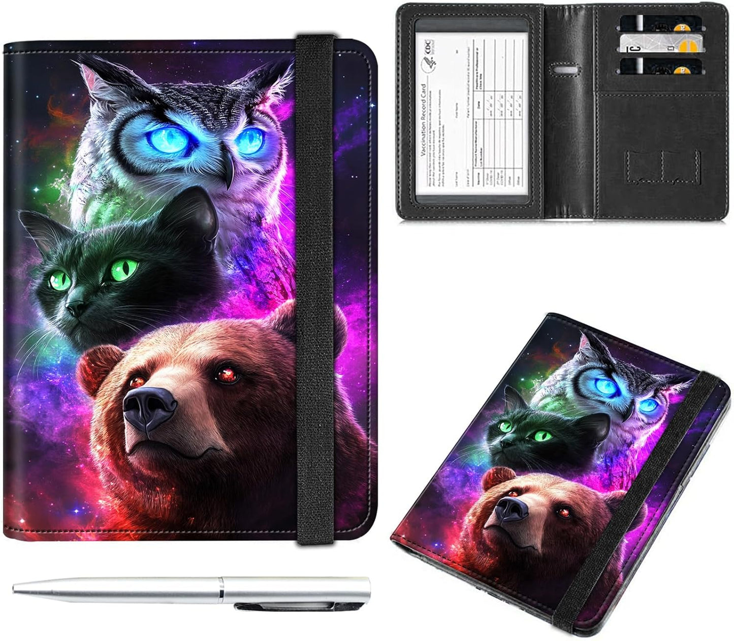 Passport and Vaccine Card Holder Cover Combo,Travel Passport Holder Wallet with RFID Blocking, Leather Vaccine Card Slot Passport Cover Case for Women & Men,Owl Cat and Bear