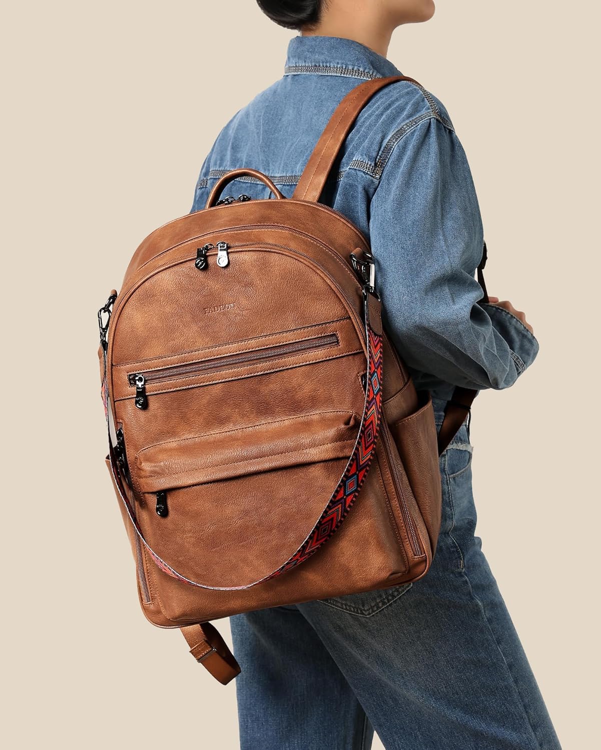 FADEON 15.6 inch Laptop Backpack Purse for Women Designer PU Leather Computer Backpacks Fashion for Work Travel Brown