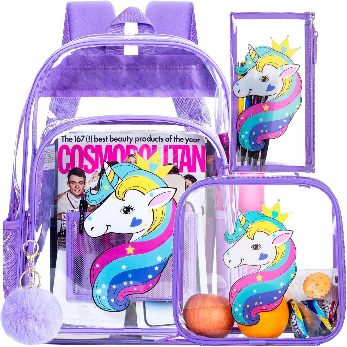 Clear Backpack for Girls and Boys, Kids Transparent Bookbag, 3PCS Cute See Through School Bag for Elementary Prechool
