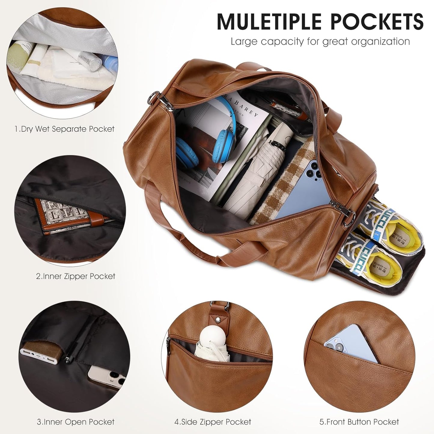 Wogarl 3PCS Leather Weekender Bag for Women Men Large Overnight Duffel Bag with Shoe Compartment Toiletry Packing Cube Carry On Bag Fit 21" Laptop (Light Brown)