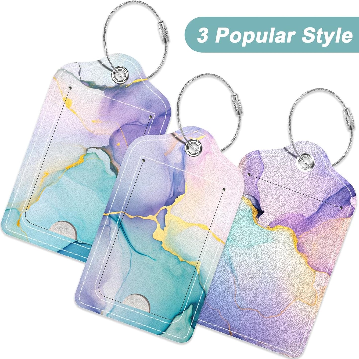 Rimilak 3 Pcs PU Leather Luggage Tags for Suitcase, Travel Cruise Luggage Tag with Privacy Flap, Name ID Label and Metal Loop for Women Men Baggage Handbag School Bag Backpack, Purple Marble
