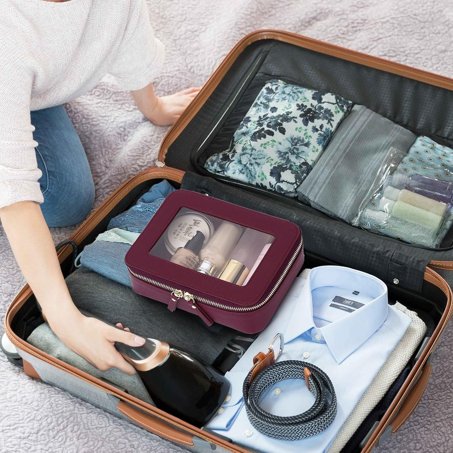 Clear Travel Makeup Bag with Brush Case Portable Transparent Cosmetic Bag and Toiletry Bag Waterproof Makeup Organizer with Zipper Car Essential for Women (Burgundy, M+Slim)