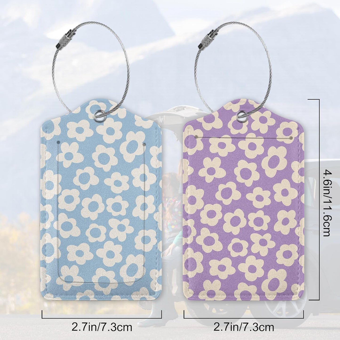 Vintage Groovy Flowers 2 PCS Luggage Tags, Privacy Cover ID Label with Stainless Steel Loop and Address Card for Travel Bag Suitcase