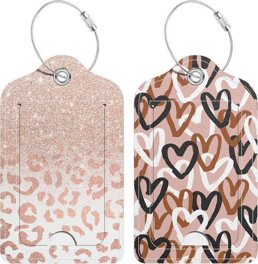 2 Pack PU Leather Luggage Tags for Suitcase, Travel Cruise Luggage Tag with Privacy Flap, Name ID Label and Metal Loop for Women Men Baggage Handbag School Bag Backpack, Heart Leopard