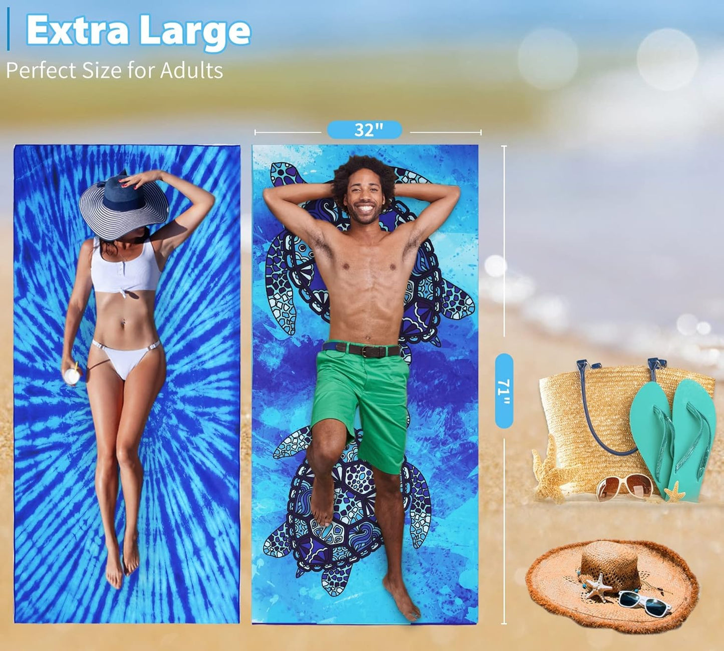 2 Pack Microfiber Thin Lightweight Beach Towel Oversized 71x32 Extra Large Sand Free Towels for
