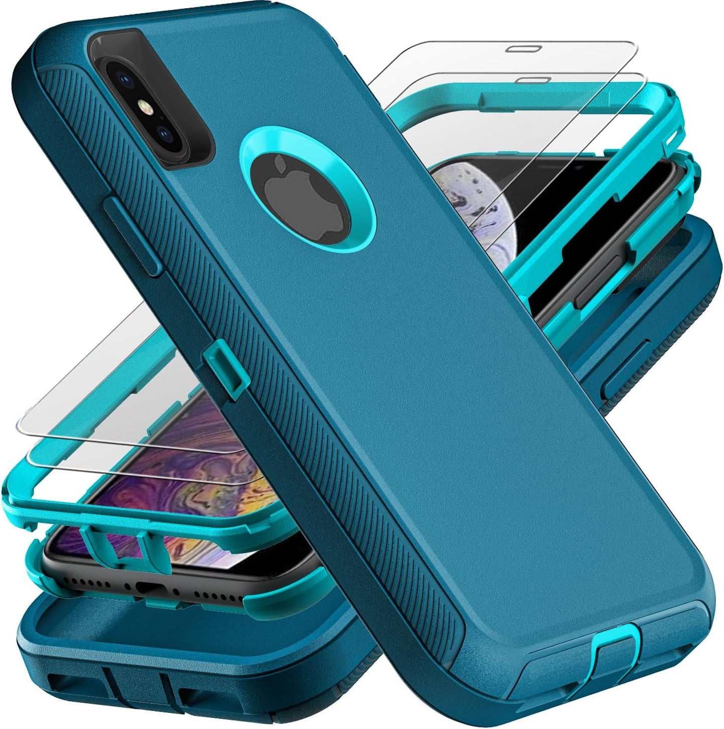 for iPhone Xs Max Case, Military Grade 3 in 1 Heavy Duty Shockproof/Drop Proof/Dust Proof Case with 2Pcs Tempered Glass Screen Protector (Blue/Turquoise)