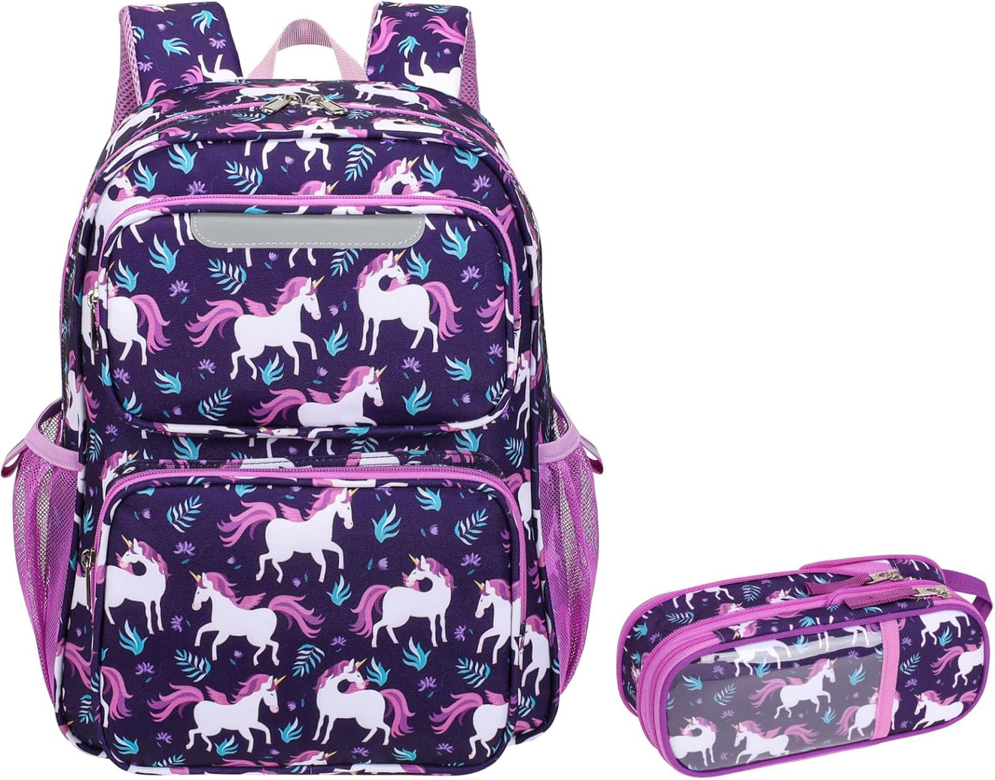 Kids Backpack with Pencil Case - 15 Inch Backpack for Girls 3 to 8, Lightweight Bookbag for Preschool Kindergarten Elementary, Insulated Pocket, Safe Reflective Stripe, Deep Purple Unicorn