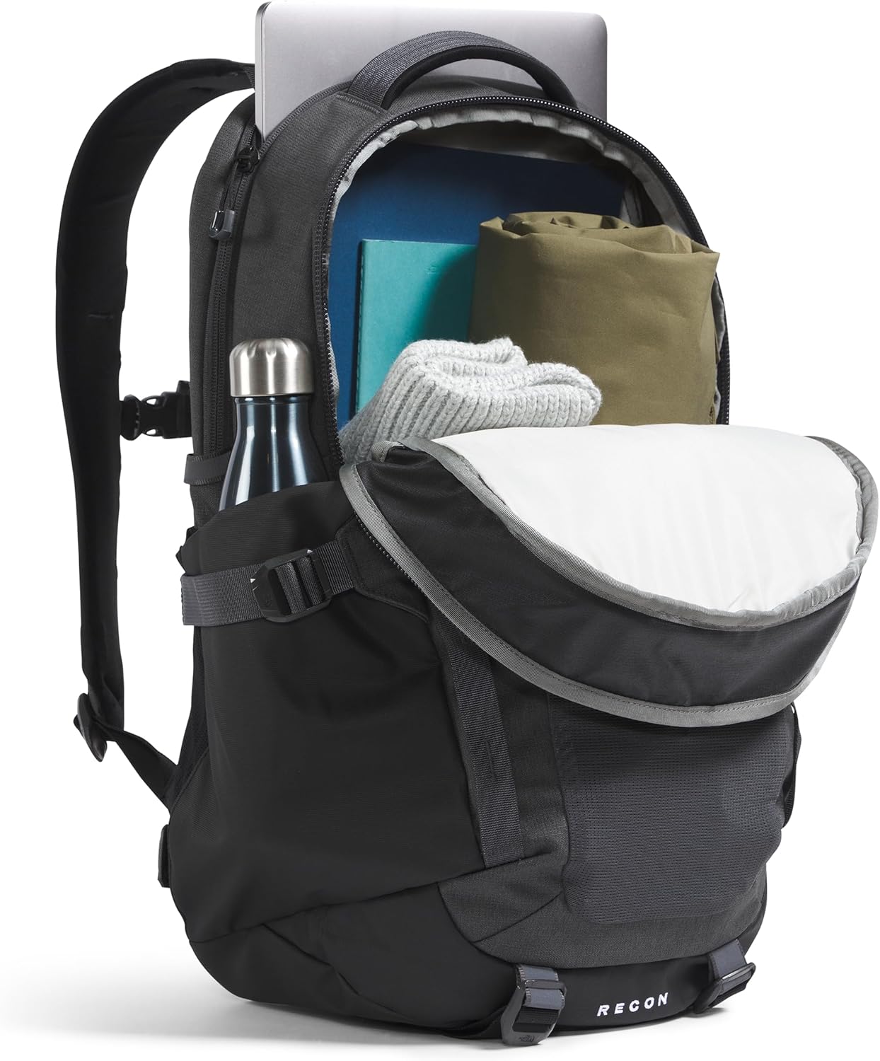 The North Face Recon Everyday Laptop Backpack | Daypack with Water Repellent Finish, 16" Laptop Sleeve, 2 Water Bottle Pockets, Asphalt Grey Light Heather/TNF Black-NPF, One Size