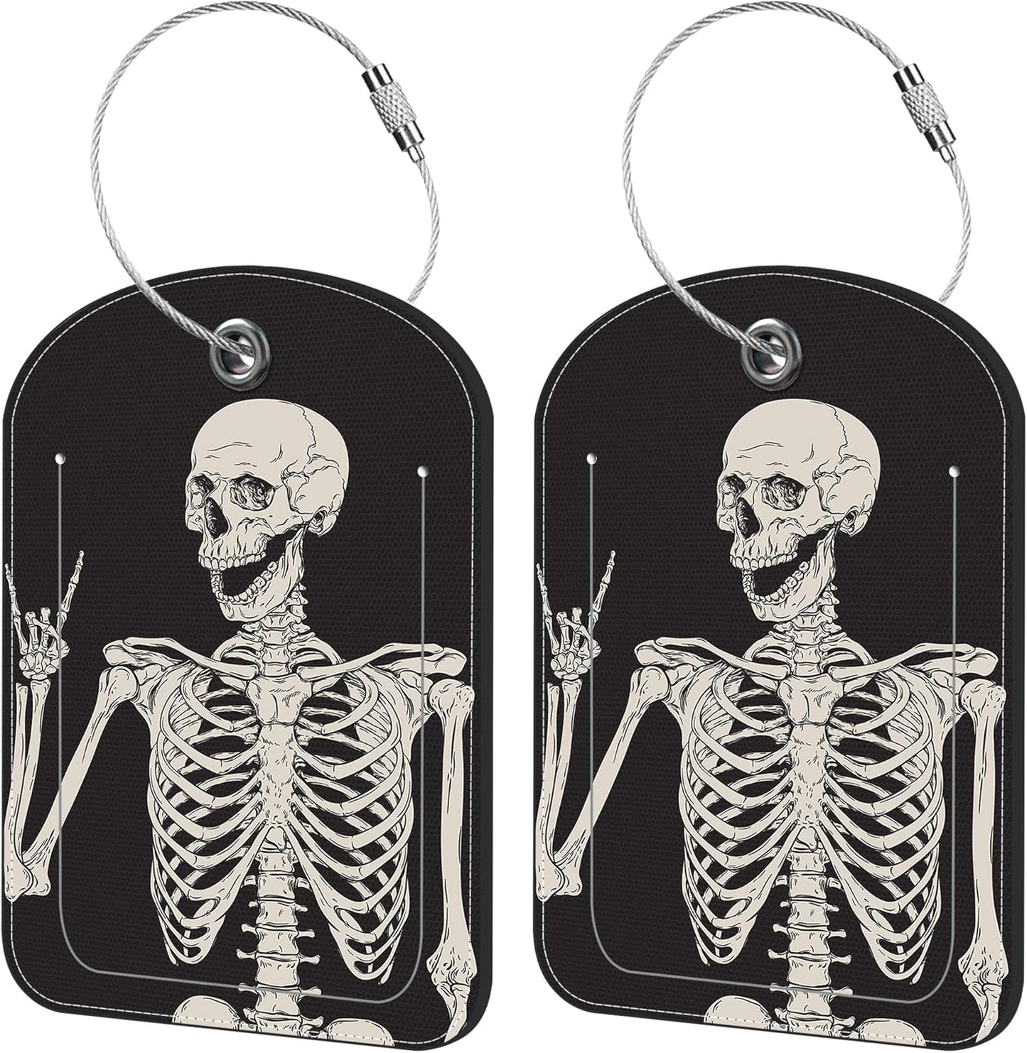 2 Pack Cute Luggage Tag for Suitcases Skull Rock and Roll Leather Luggage Tags with Stainless Steel Loop Privacy Flap Name Tags,Men and Women Travel Bag Suitcase Tags