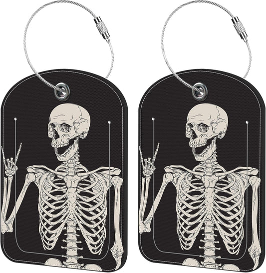 2 Pack Cute Luggage Tag for Suitcases Skull Rock and Roll Leather Luggage Tags with Stainless Steel Loop Privacy Flap Name Tags,Men and Women Travel Bag Suitcase Tags