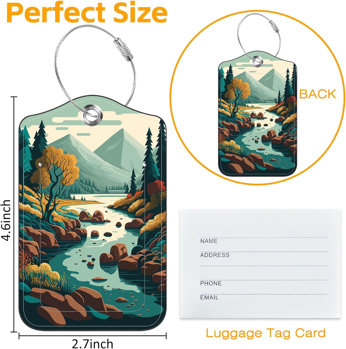 3 Pack Luggage Tag for Suitcase Mountain Lake Scenery Leather Travel Cruise Luggage Tag with Stainless Steel Loop Name ID Label Privacy Cover for Adults Teens Travel Bag Labels Set