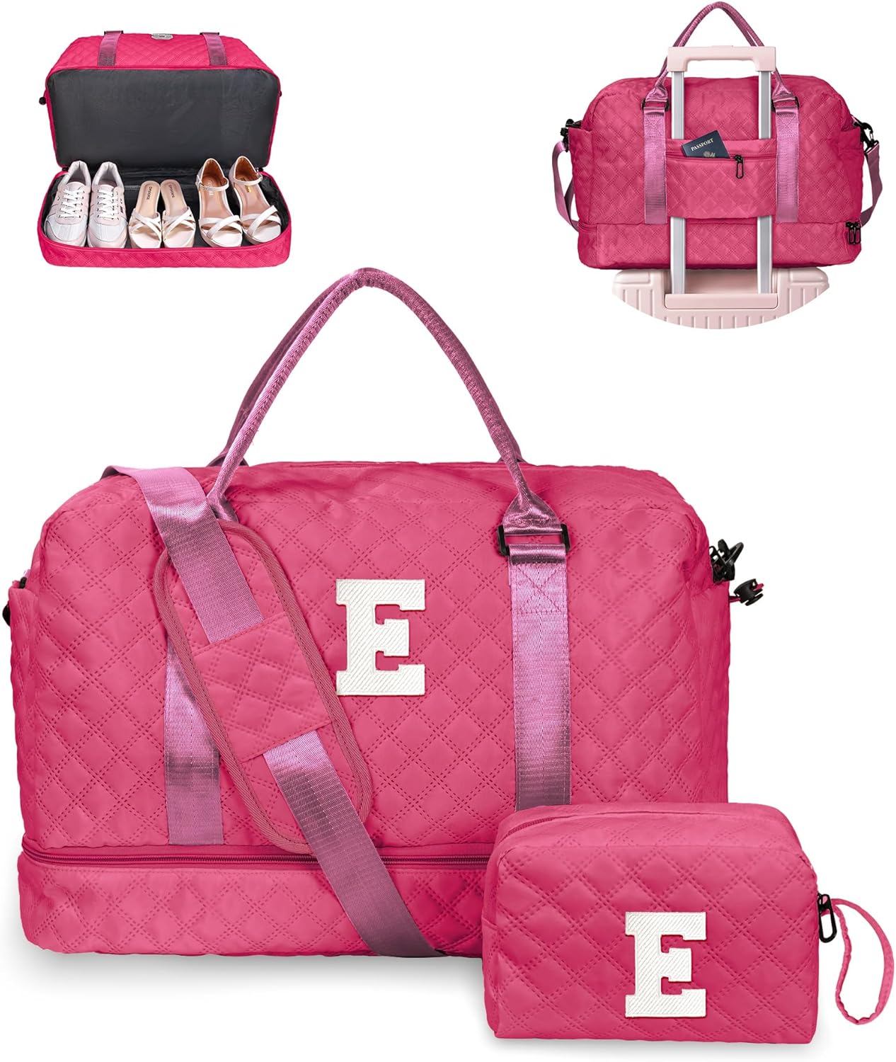 Bags for Girls, Birthday Gift-Initial Travel Bag with Shoe Compartment, Personalized Weekender Bag, Monogram Overnight Bag for Women, Letter Travel Bag with Makeup Bag (Letter E)