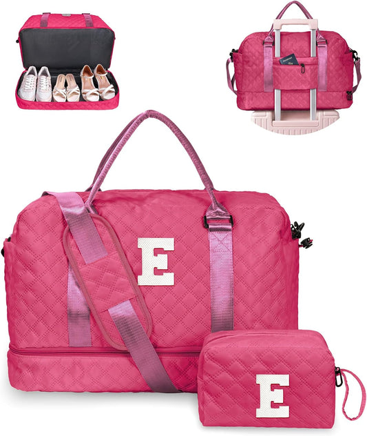 Bags for Girls, Birthday Gift-Initial Travel Bag with Shoe Compartment, Personalized Weekender Bag, Monogram Overnight Bag for Women, Letter Travel Bag with Makeup Bag (Letter E)