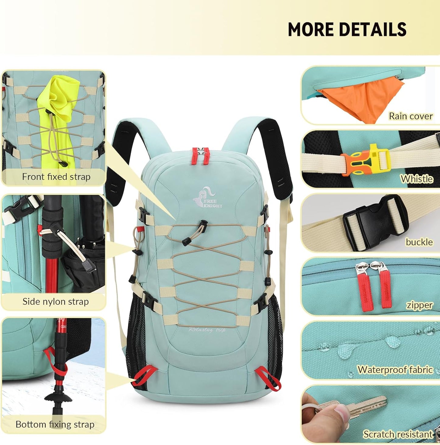 Bseash 40L Waterproof Hiking Camping Backpack with Rain Cover, Outdoor Sport Travel Bag Daypack for Climbing Skiing Cycling (Khaki)