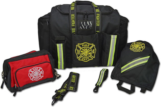 Lightning X LXFB20-PKG Firefighter Turnout Gear Bag Package With SCBA Mask Bag Toiletry Pouch Glove Holder Padded Step-In Design Reflective Trim Heavy-Duty Waterproof Construction - BLACK