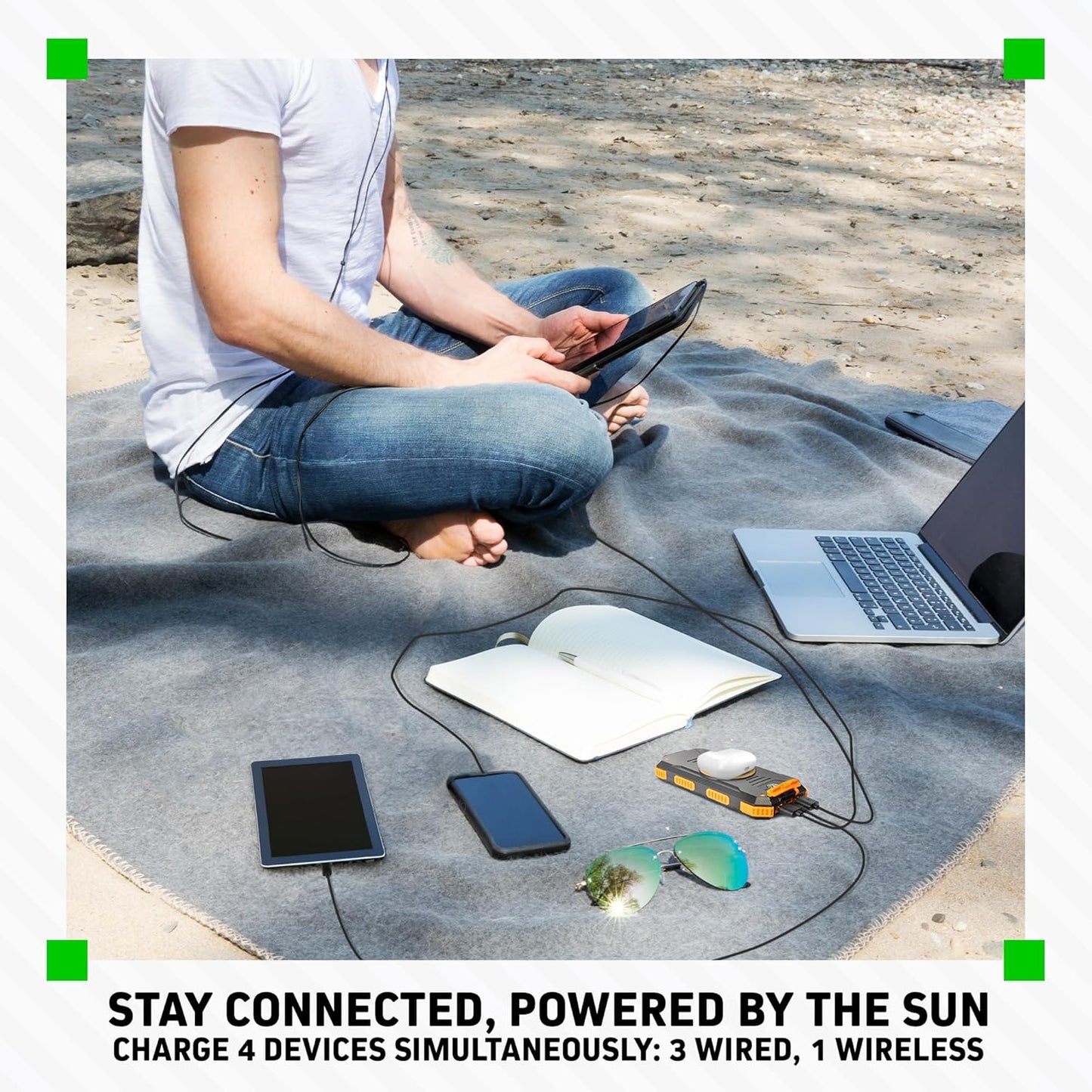 ChargeWorx Solar Power Bank with 2 USB-A Ports Plus USB-C and Micro-USB Charging Ports, 15,000 mAh Capacity, Includes Compass and Dual LED Flashlights, Ideal for Camping, Hiking, and More