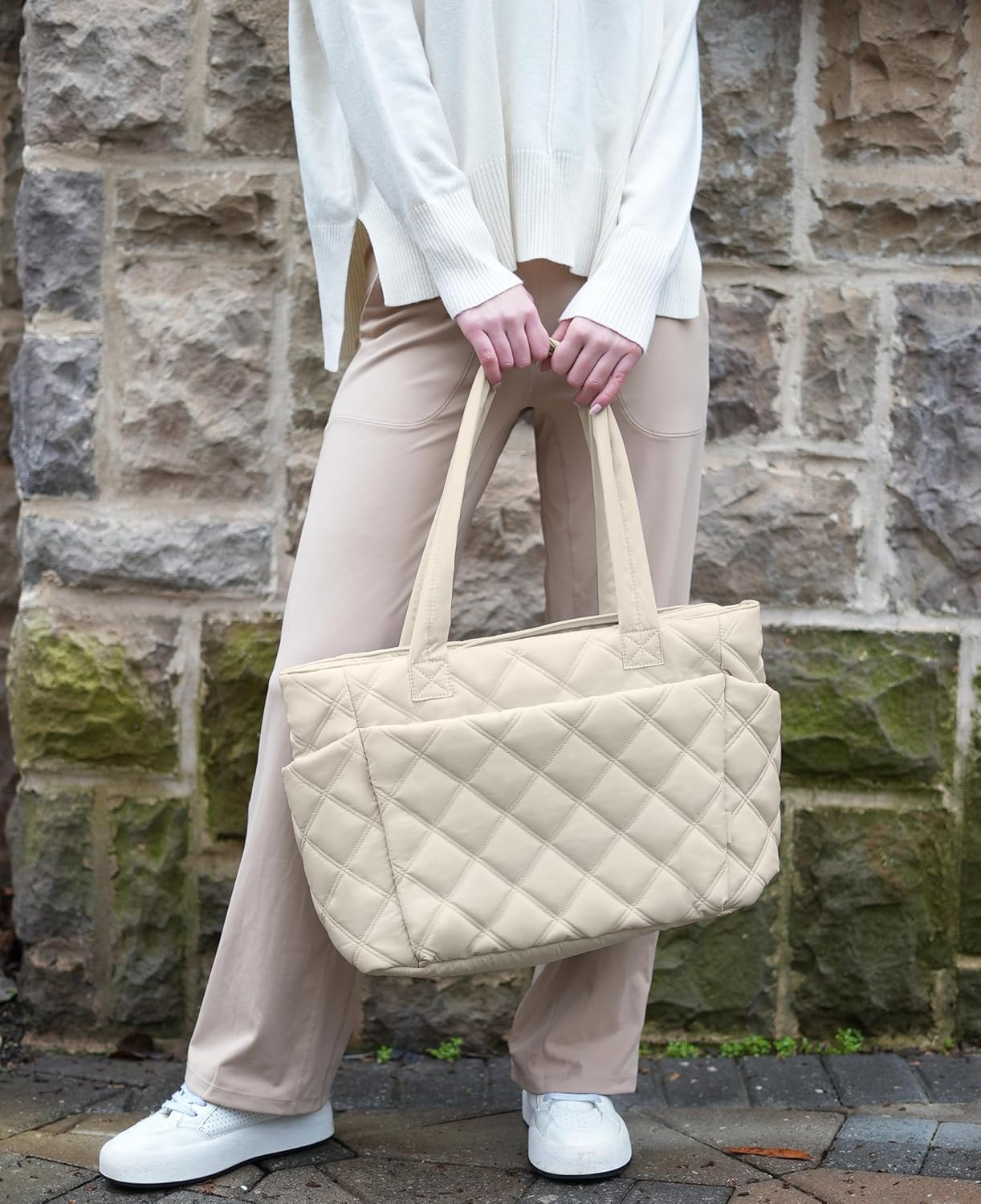 Tote Bag for Women, Lightweight Puffer Tote Work Bags with Compartments for Travel, Quilted Shoulder Bag with Zipper