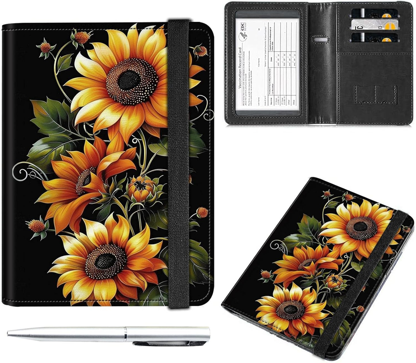 Passport and Vaccine Card Holder Cover Combo,Travel Passport Holder Wallet with RFID Blocking, Leather Vaccine Card Slot Passport Cover Case for Women & Men,Sunflowers-1150