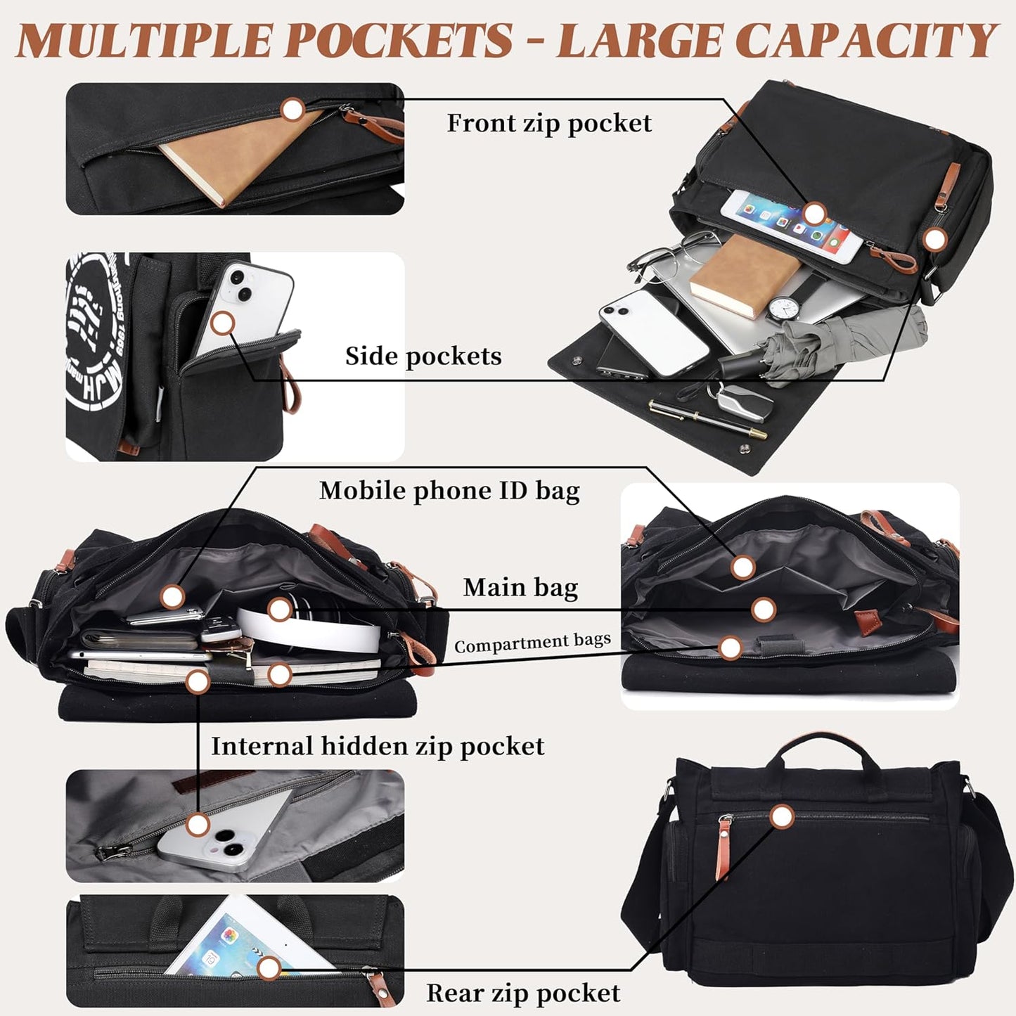 FSD.WG Satchel Messenger Bag for Men Canvas,Travel Shoulder bag 13.5" Laptop Bags