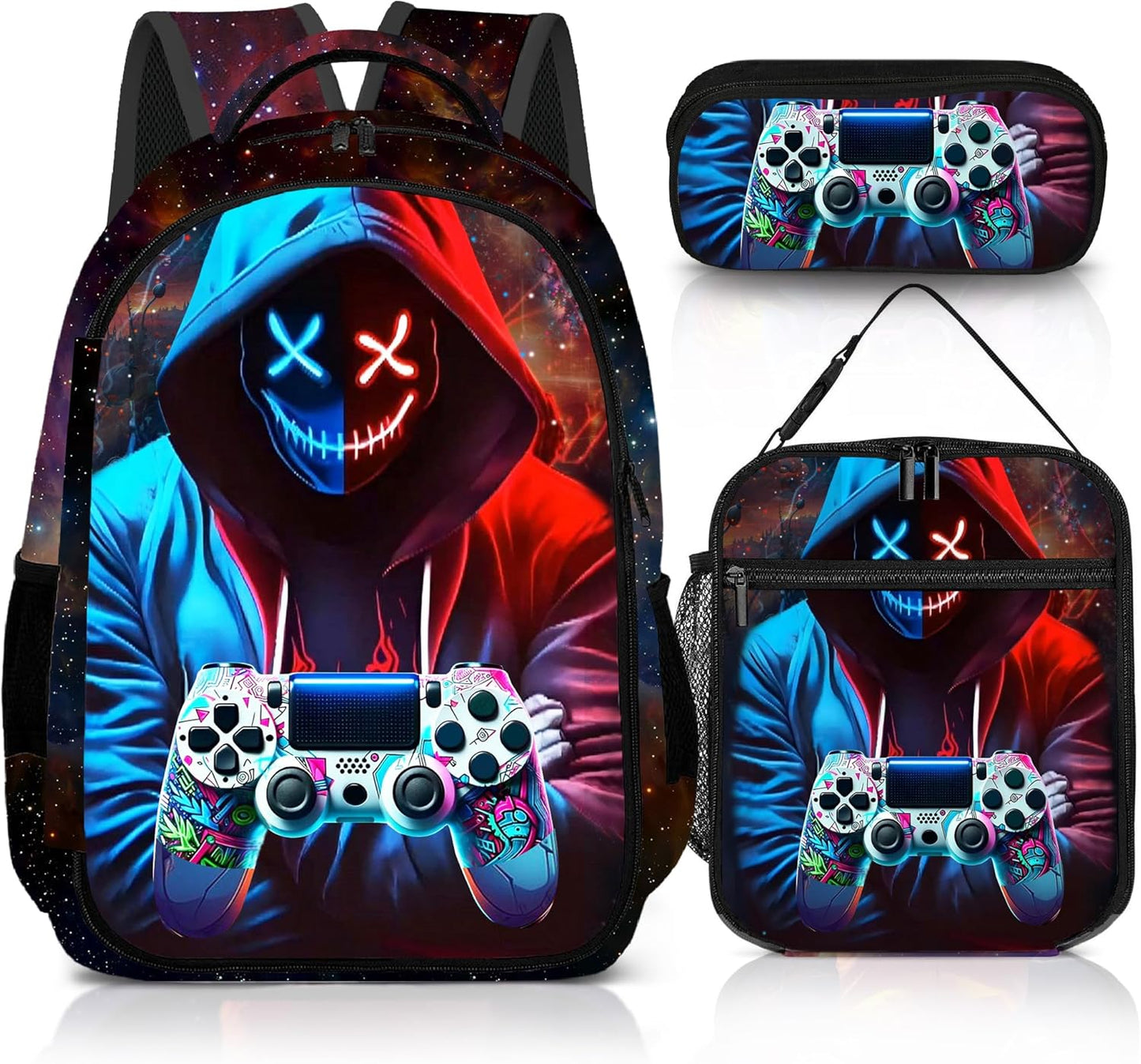 Game Backpack Set for Boys, Gaming Backpack 3 Pack, Boys Lunch Box, and Pencil Bag for Kids, 17"