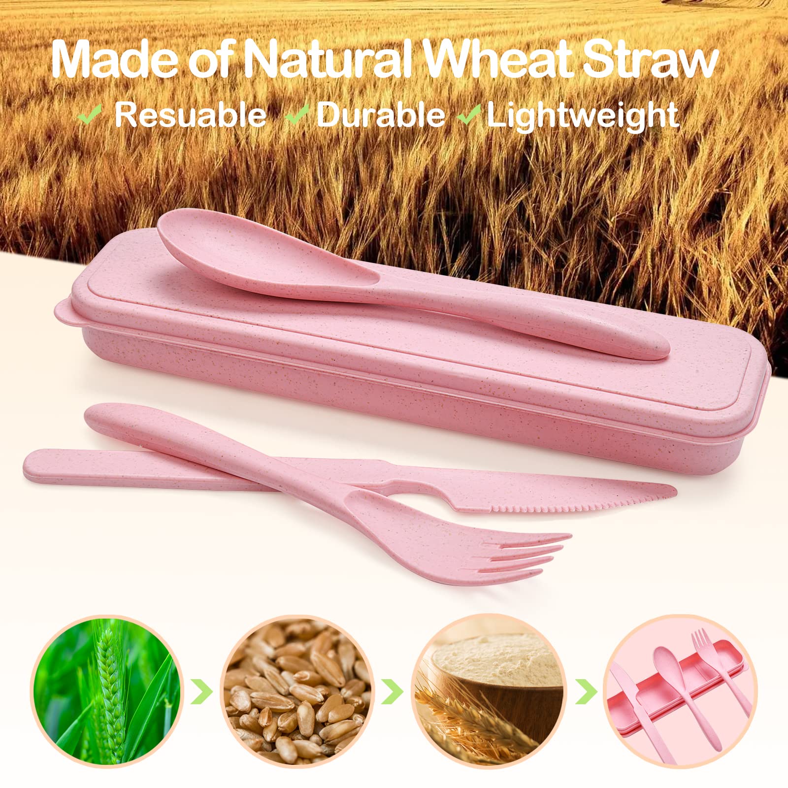 Reusable Travel Utensils Set with Case, 3 Sets Wheat Straw Portable Knife Fork Spoons Cutlery