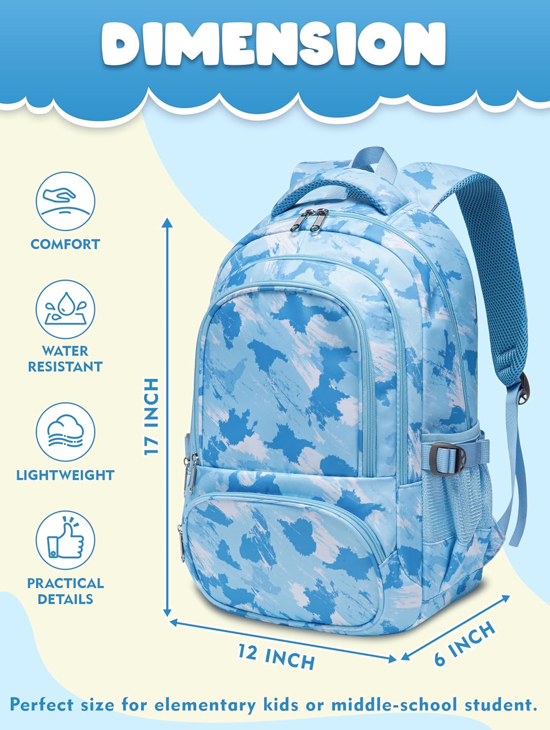 BLUEFAIRY Kids Backpacks for Boys Girls Ages 6-8 Elementary Primary Middle School Bag Back to School Book Bags Mochilas Escolares para Niños Niñas 17 Inch (Blue, Graffiti)