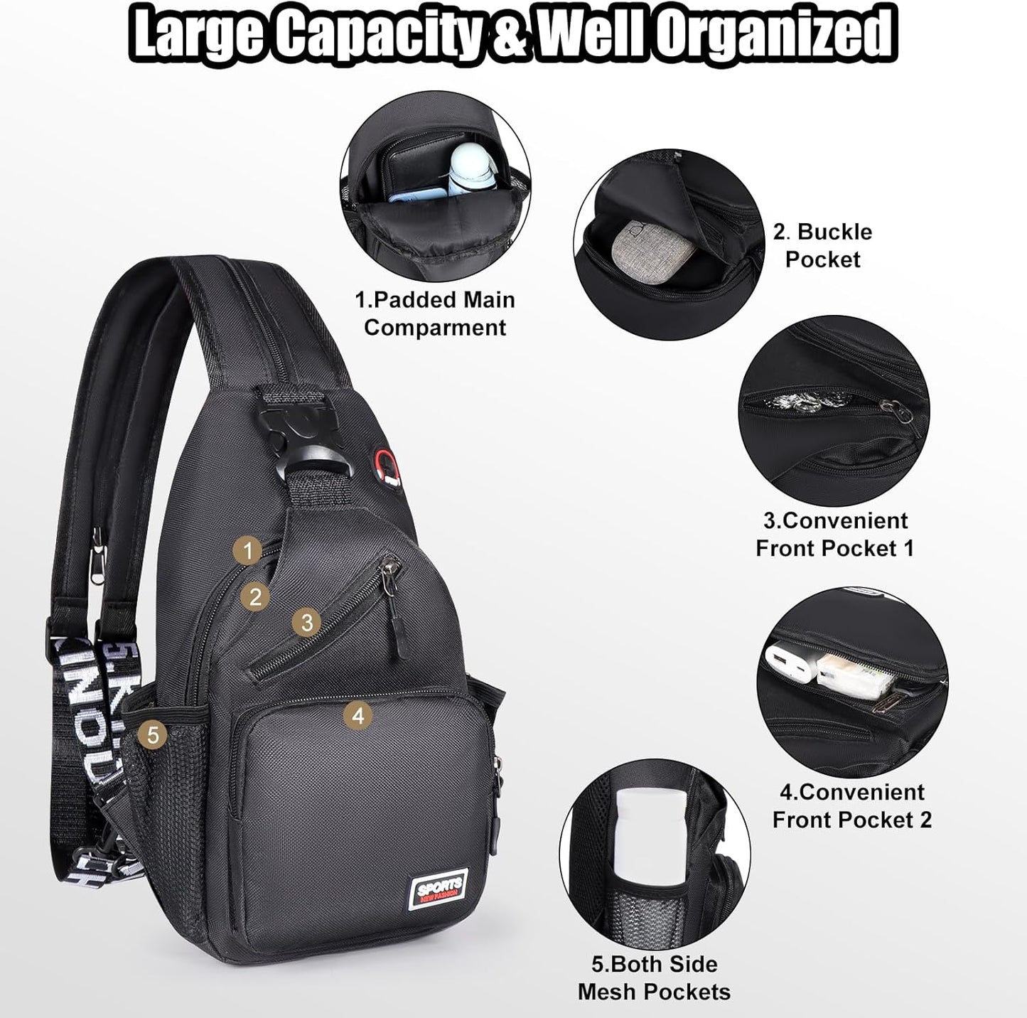 Sling Bag for Women Man Sling Backpack with Convertible Shoulder Strap Casual Backpack Daypack for Travel, Hiking and Daily Commute (Black, Small)