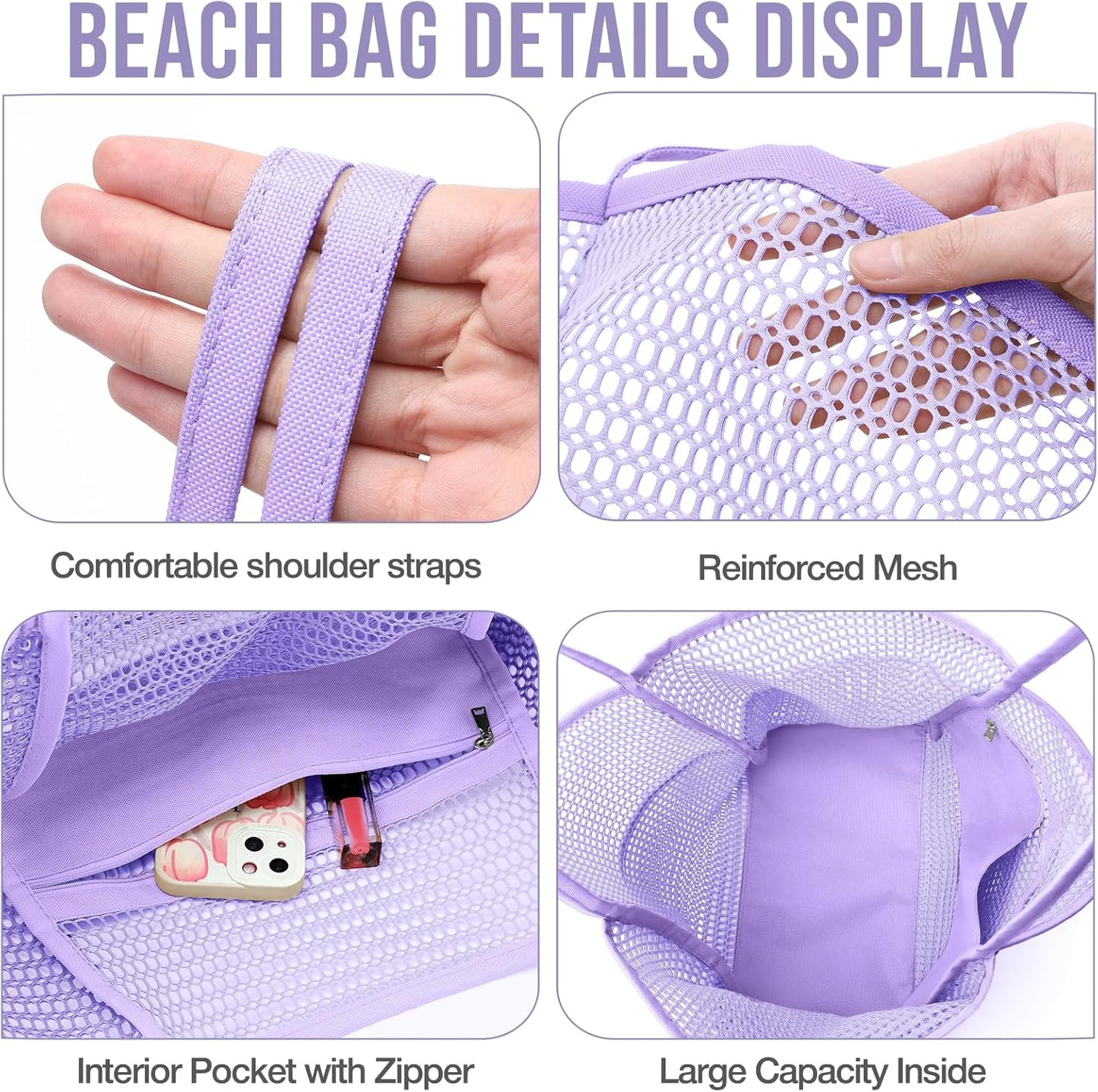 KPX Beach Bag with Mini Pocket, Beach Tote Bags for Women Large Foldable Mesh Swimming Pool Travel Bags - Sandproof