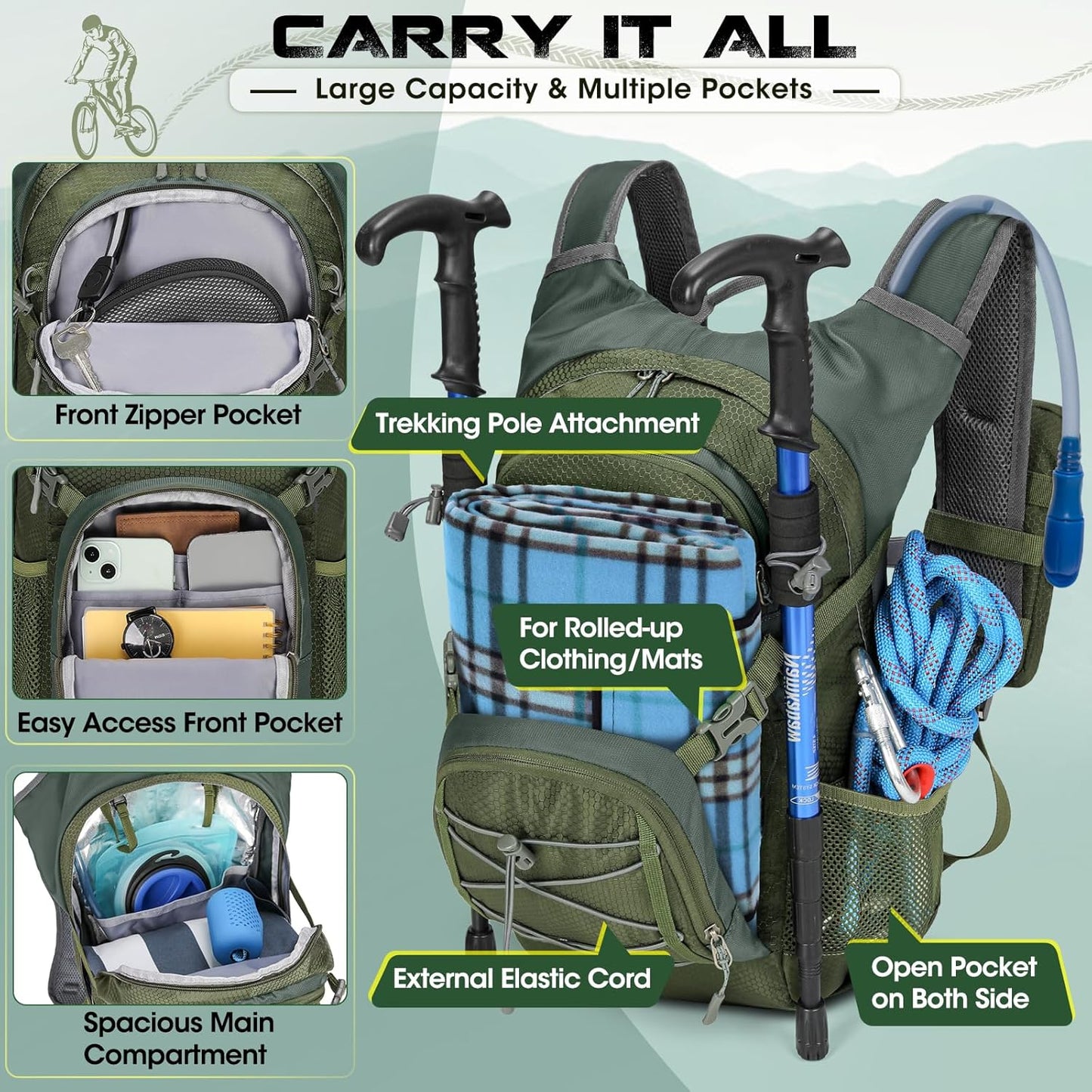 Hydration Backpack with Water Bladder, 18L Lightweight Hiking Backpack for Women&Men Small Insulated Hydration Water Pack for Hiking, Running, Cycling, Biking