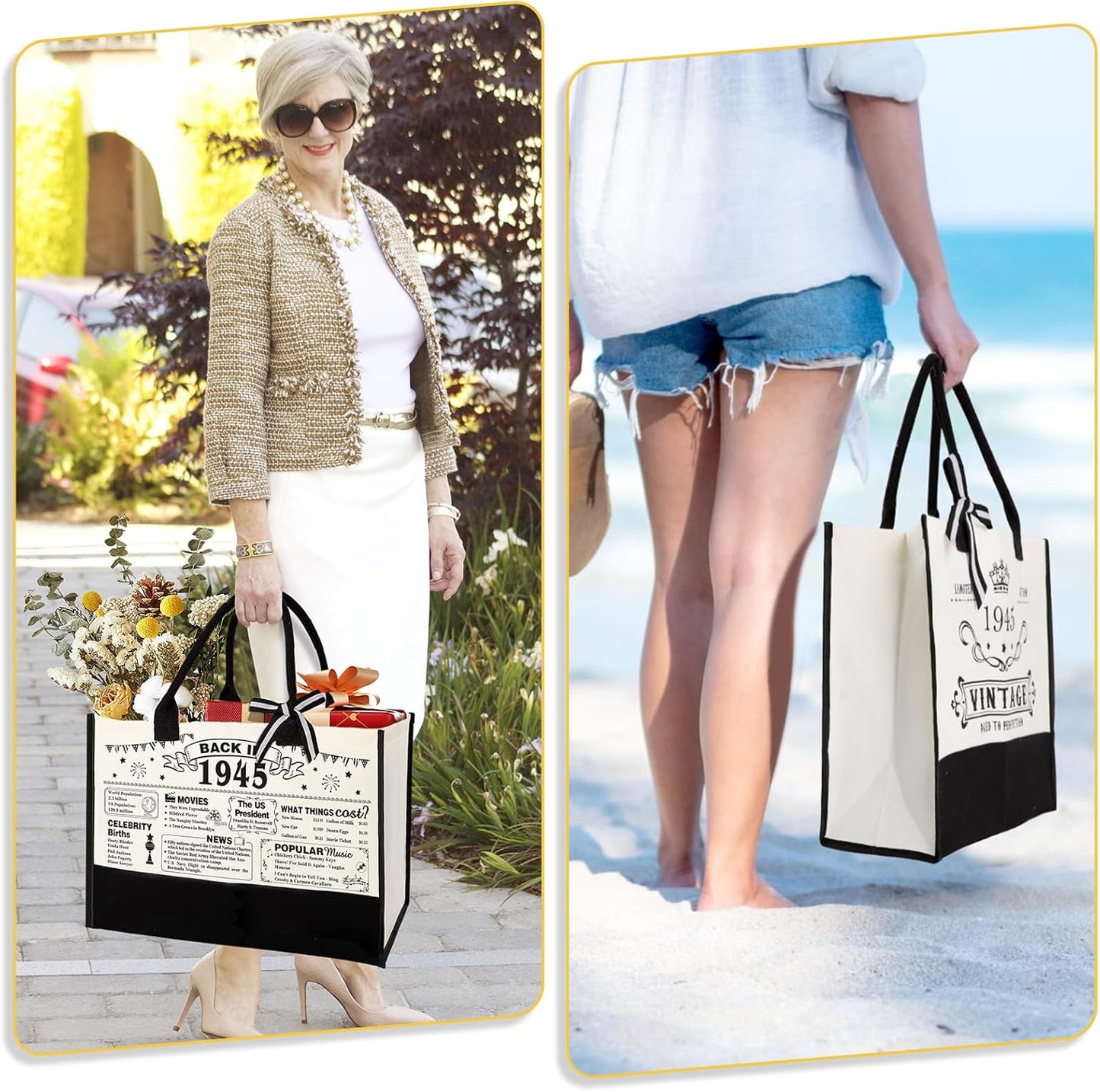80th Birthday Gifts for Women Canvas Tote Bag Travel Gear, Unique 80 Years Old Birthday Gifts for Mom Wife Aunt Friends Her, Vintage 1945 Handbag & Cosmetic Bag & Back in 1945 Poster