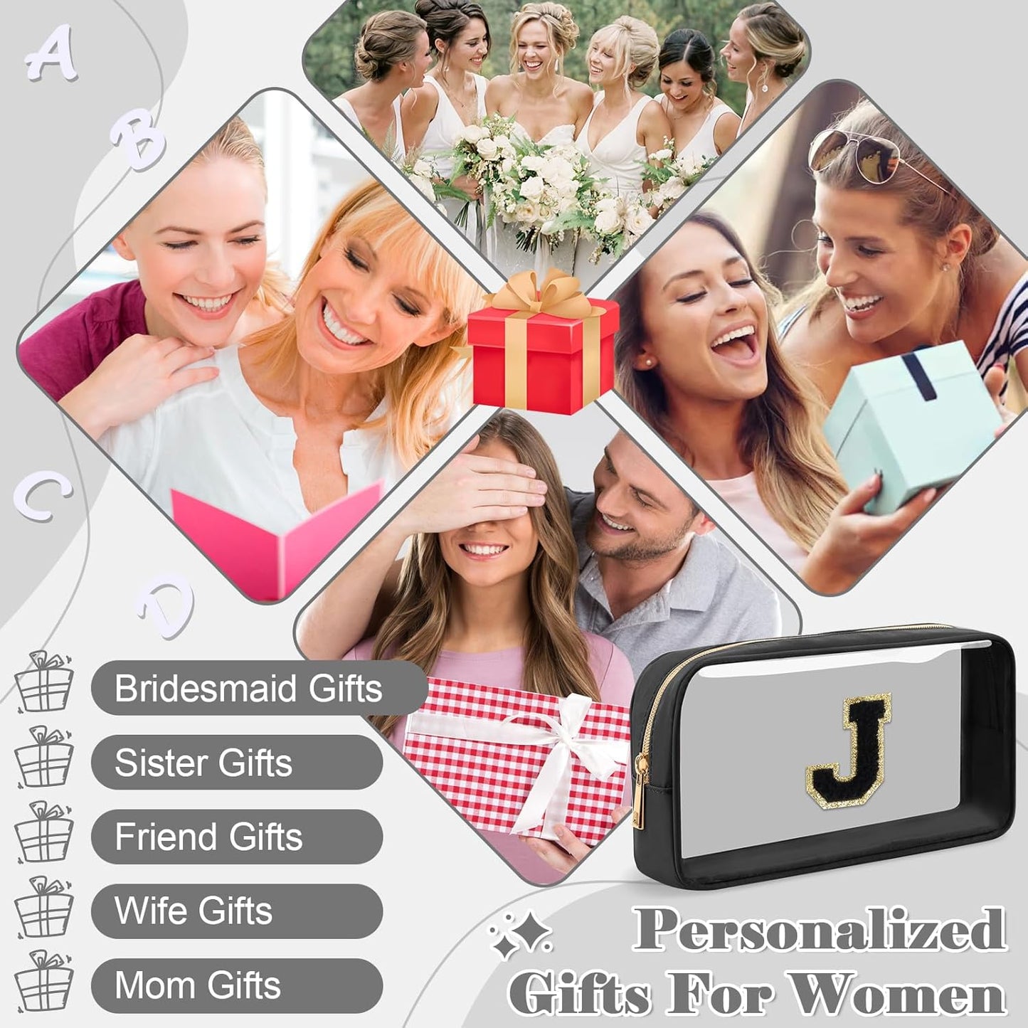 Personalized Initial Letter Clear Makeup Bag,Preppy Small Nylon&PVC Cosmetic Zipper Bag with Chenille Letter,Travel Skincare Toiletry Bag,Monogram Christmas Gift for Teen Girls Women,J