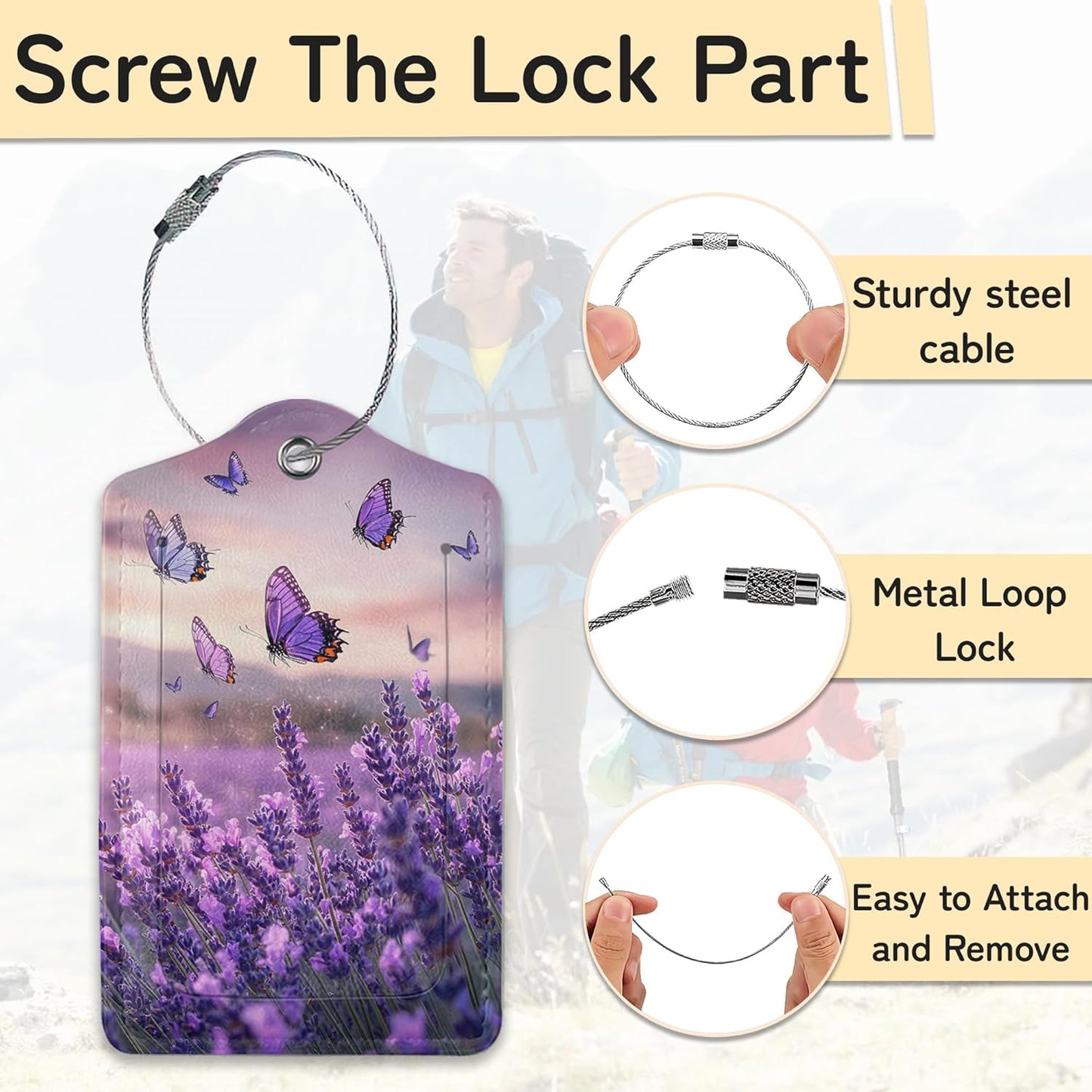 3 Pack PU Lavender Butterfly Leahter Luggage Tag with Stainless Steel Loop,Travel Suitcase Labels with Privacy Cover ID Label Quickly Spot for Bags