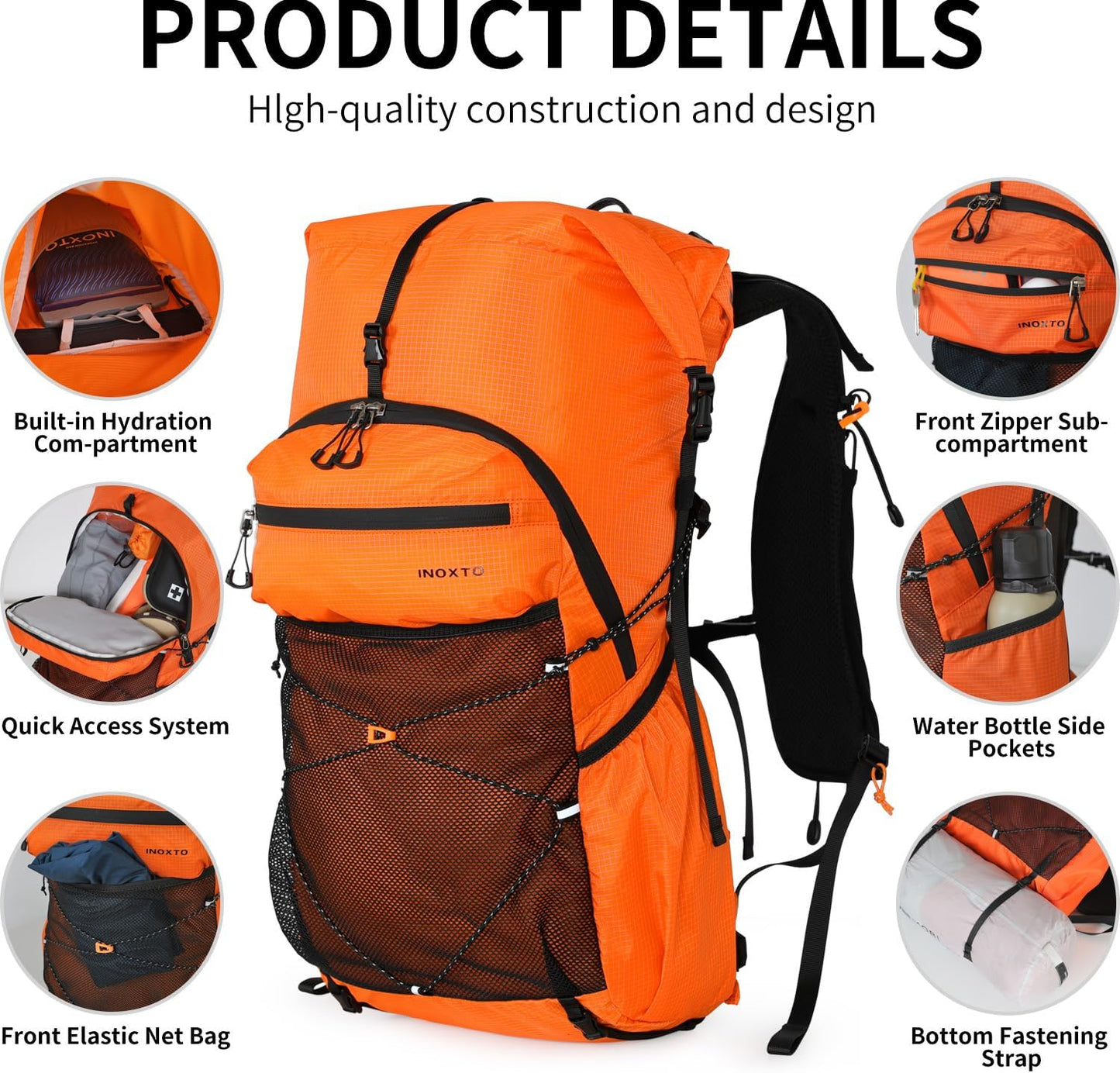 Hiking Backpack for Men and Women, 30L Waterproof Camping Backpack with 3L Water Bladder and Rain Cover, Lightweight Outdoor Sport Travel Daypack Rucksack for Climbing Cycling (Orange)