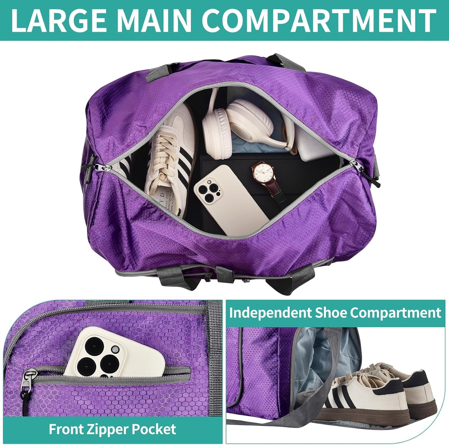 Dimayar Travel Duffle Bag for Men Women - Foldable Duffel Bag with Shoes Compartment - Overnight Bags Waterproof & Tear Resistant(115L,Purple)