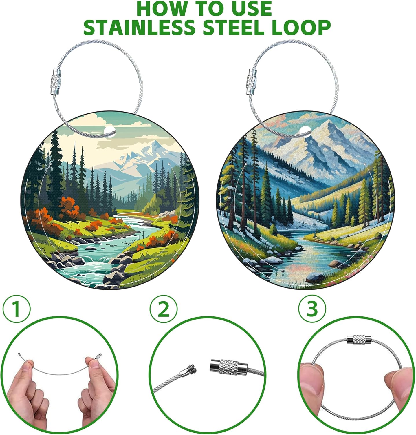 Round Cute Luggage Tags 2 Pack Mountain and River Creative Baggage Tags,Cruise Travel Baggage Suitcases Tag with Stainless Steel Loop ID Tag Privacy Flap