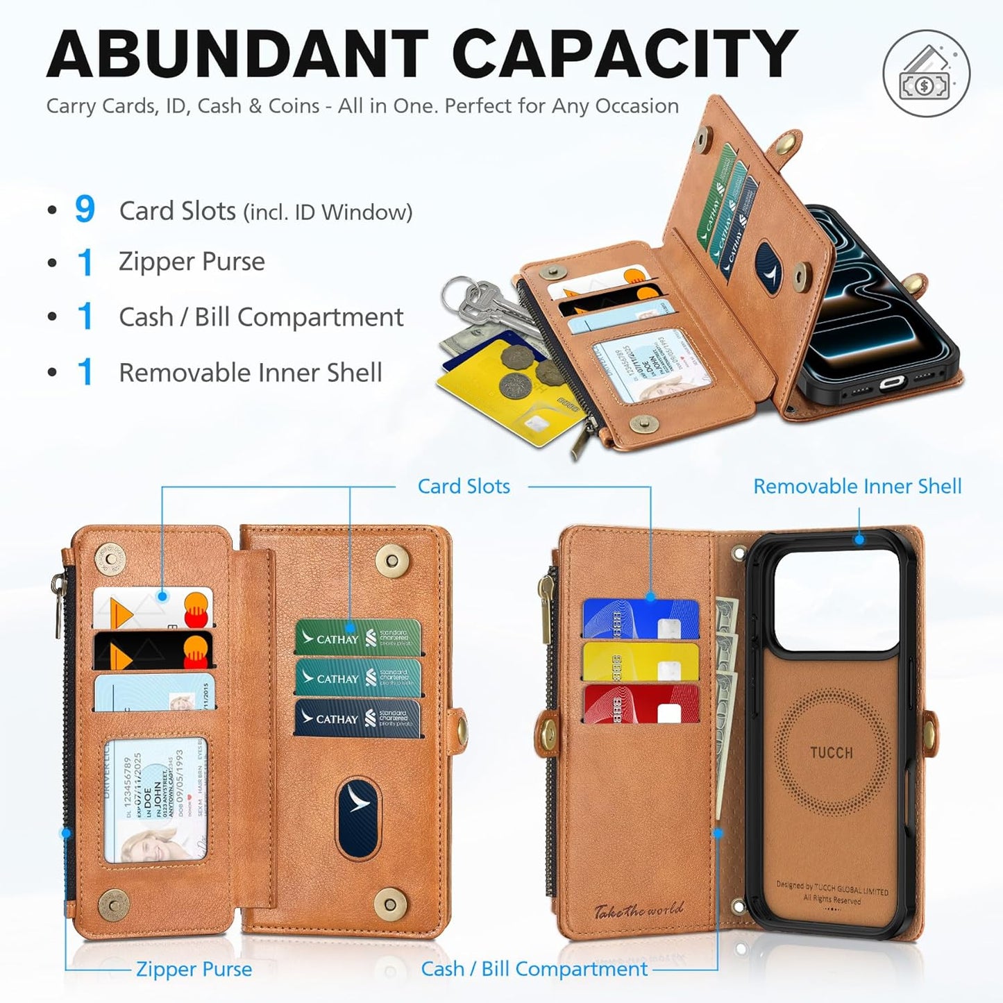 TUCCH Removable Crossbody Case Wallet for iPhone 17 Pro (6.3") 2025, Wireless Charging, RFID Blocking 9 Card Slots, Lanyard, Wrist Strap, Zipper Pocket, PU Leather, Stand Magnetic Cover, Light Brown